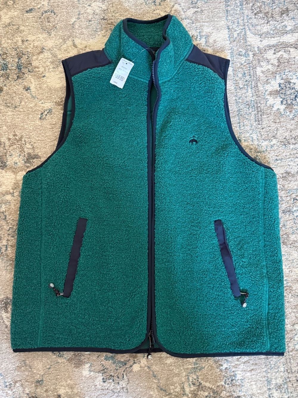 NWT Brooks Brothers Dark Green Sherpa Fleece Vest with Navy Trim